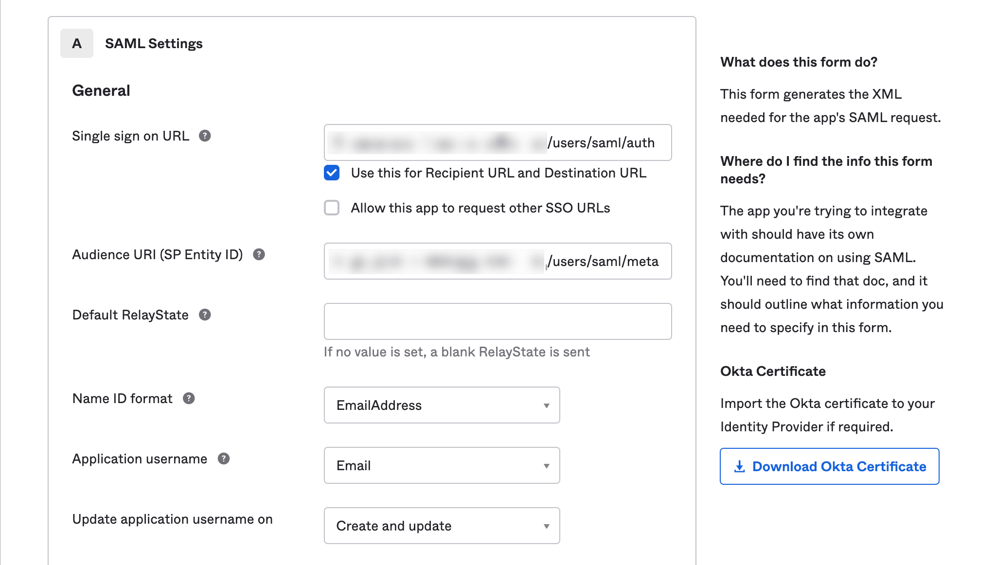 Enter SAML Settings from Terraform Enterprise into Okta SAML application wizard